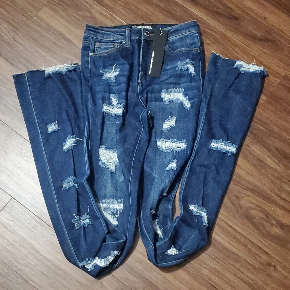 Rockstar Original Dark Blue Distressed Flare Jeans - Picture 9 of 9